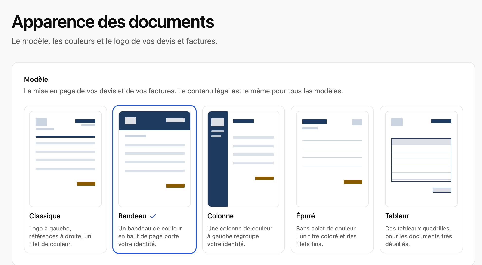 Réglages Apparence des documents : choix entre les modèles Classique, Bandeau, Colonne, Épuré et Tableur.