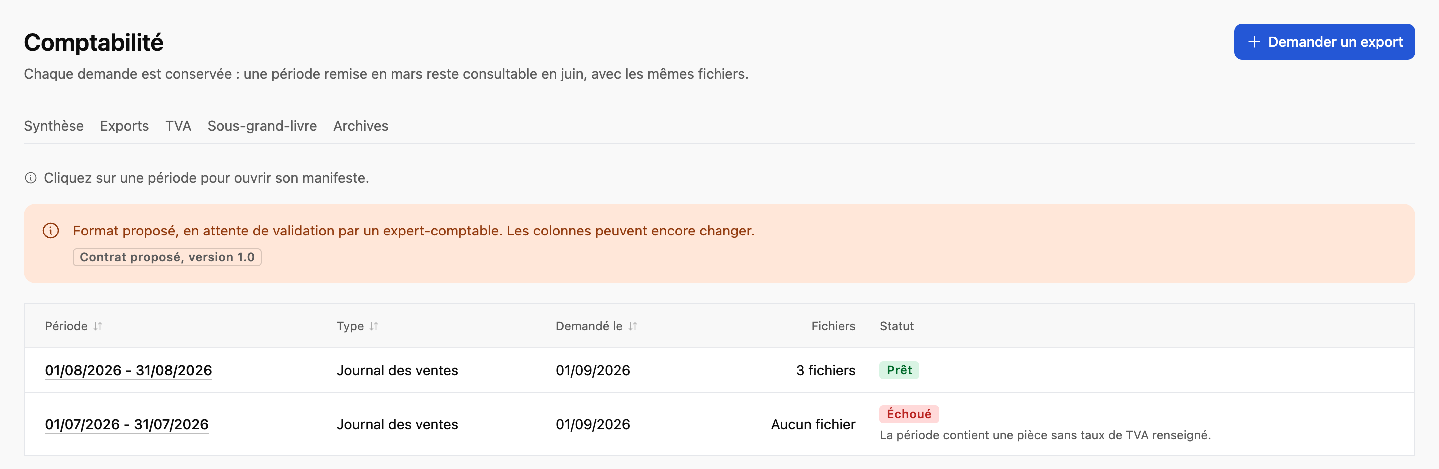Espace Comptabilité, onglet Exports : demandes de journal des ventes par période avec leur statut, et mention de format proposé en attente de validation.