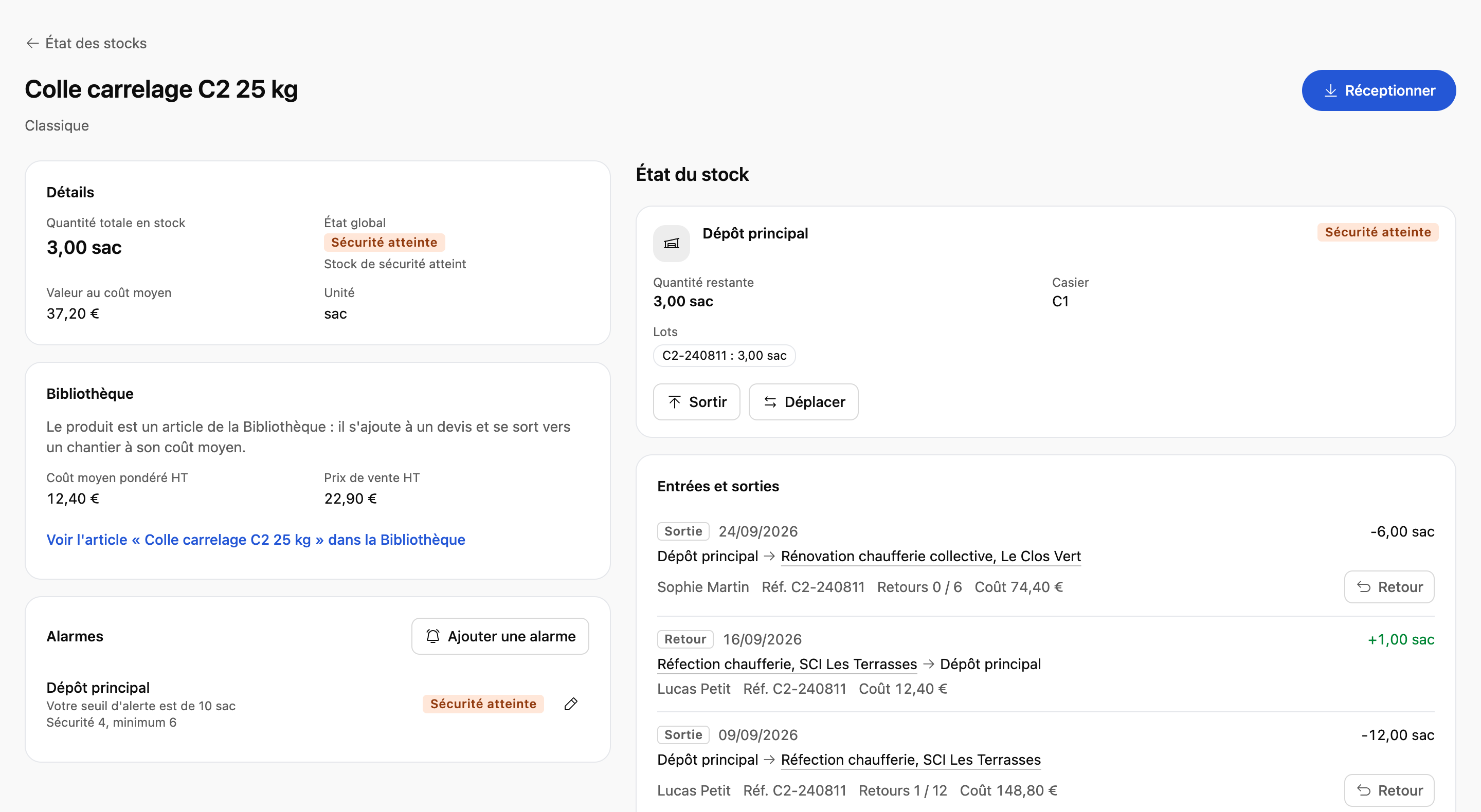 Fiche stock d'un article : quantité, coût moyen, alarme de seuil, emplacement et historique des entrées et sorties vers des chantiers.